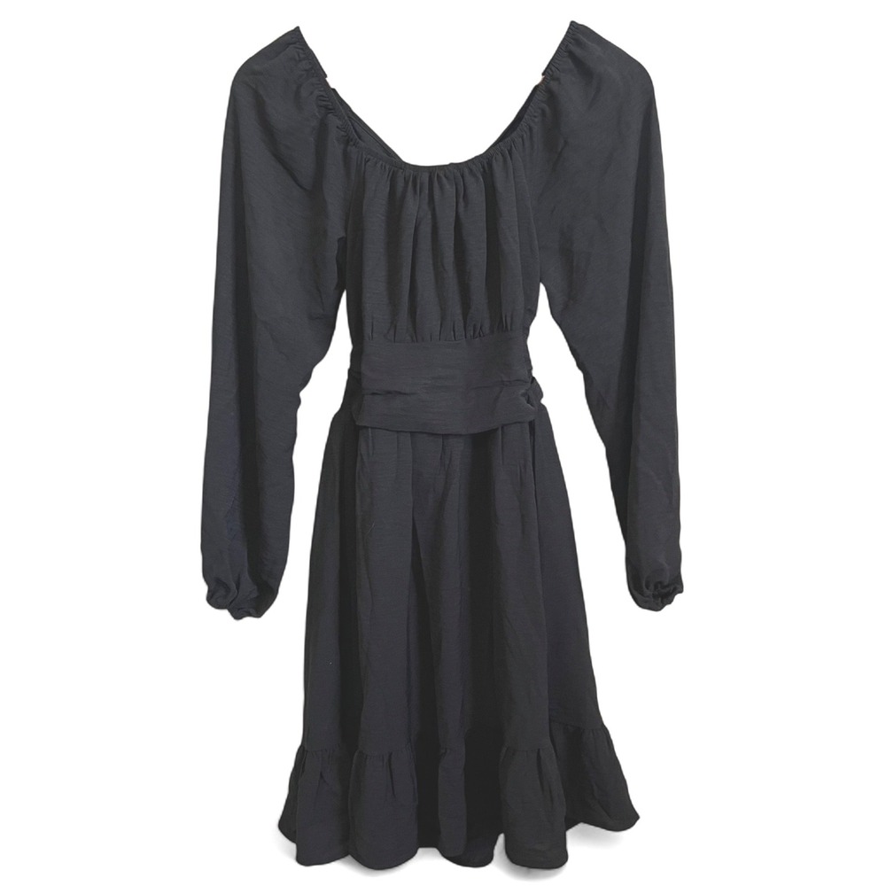Dokotoo Black Long Sleeve Ruffle Midi Dress Small NWT Boho Square Neck